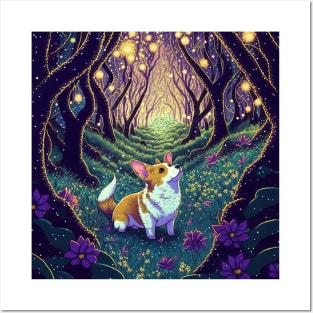 Corgi in an enchanted forest Posters and Art